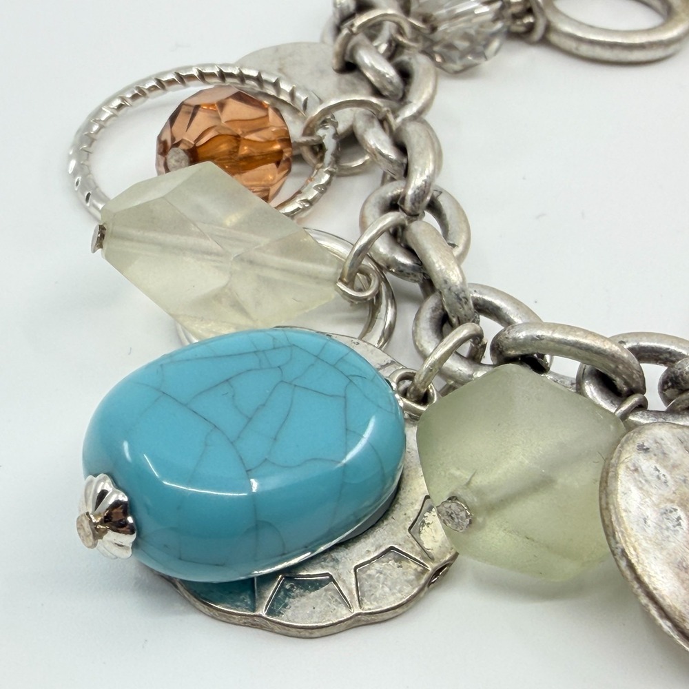 Vintage Boho Silver Faux Turquoise Chunky Charm Bracelet Multi Bead Toggle Y2K - Picture 5 of 8